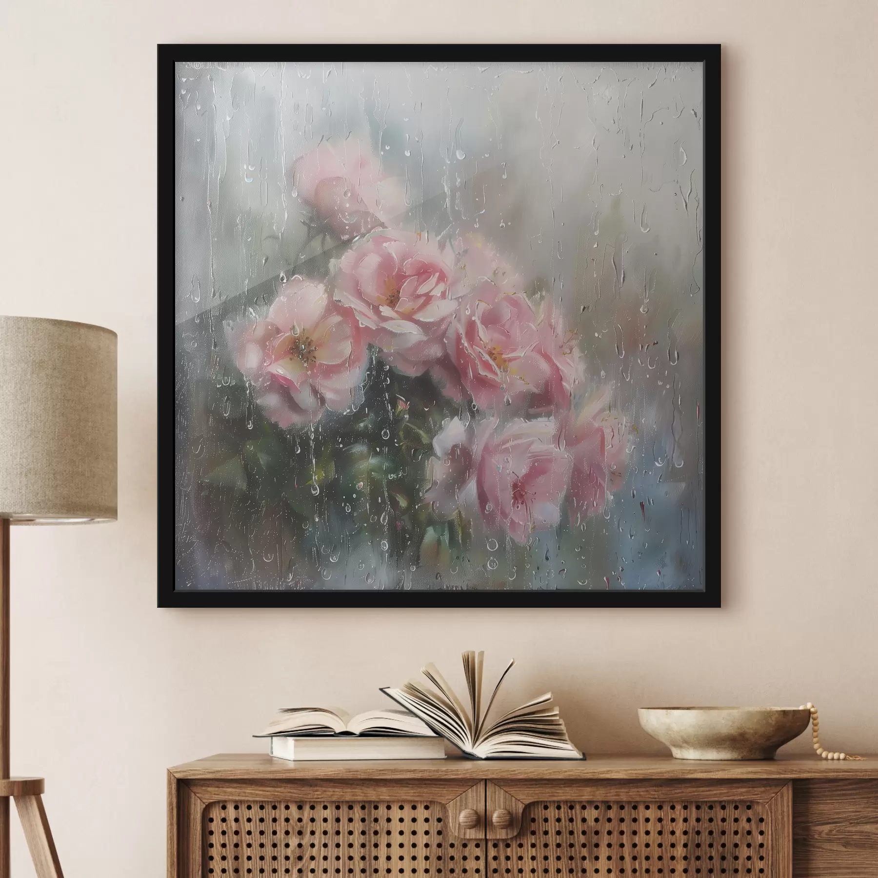 Fototapetai Rožinių rožių puokštė už lango lietingu oru f40656