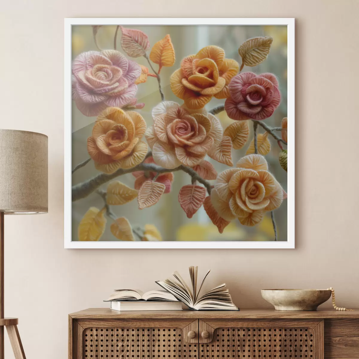 Plakatas Rožės, išaustos iš minkštos purios vilnos ant medžio f40674