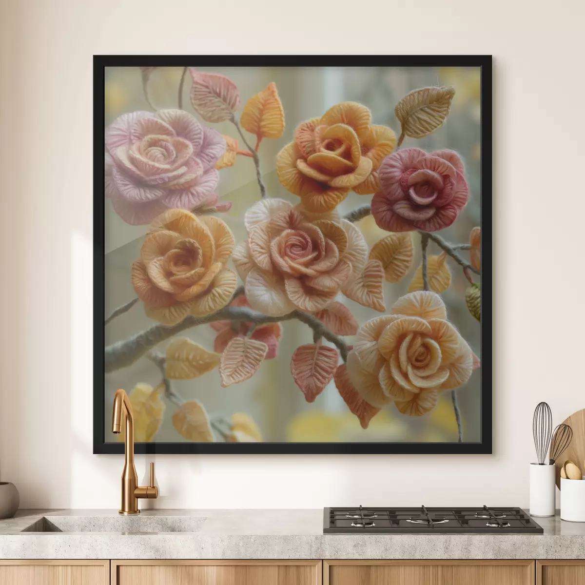 Plakatas Rožės, išaustos iš minkštos purios vilnos ant medžio f40674