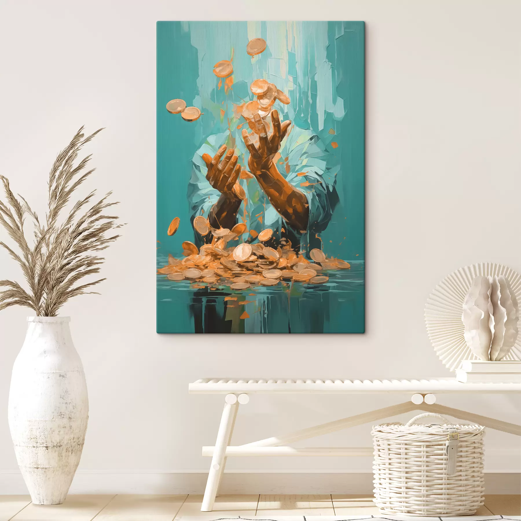 Paveikslėlis Abstraktus paveikslas, vaizduojantis vyrą, apsuptą monetų s40755