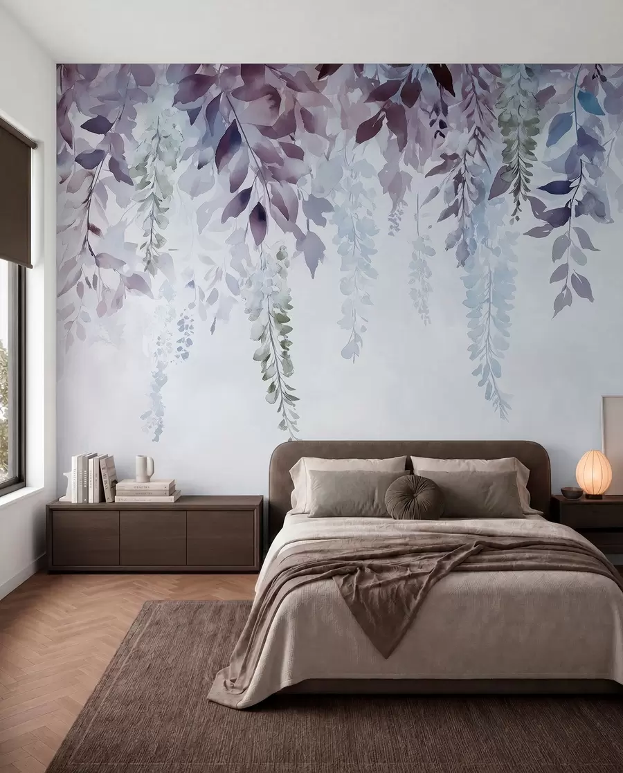 Fototapetai Visterijos gėlių ornamentas, gėlių, akvarelė, mėlyna ir violetinė spalvos w01545v1