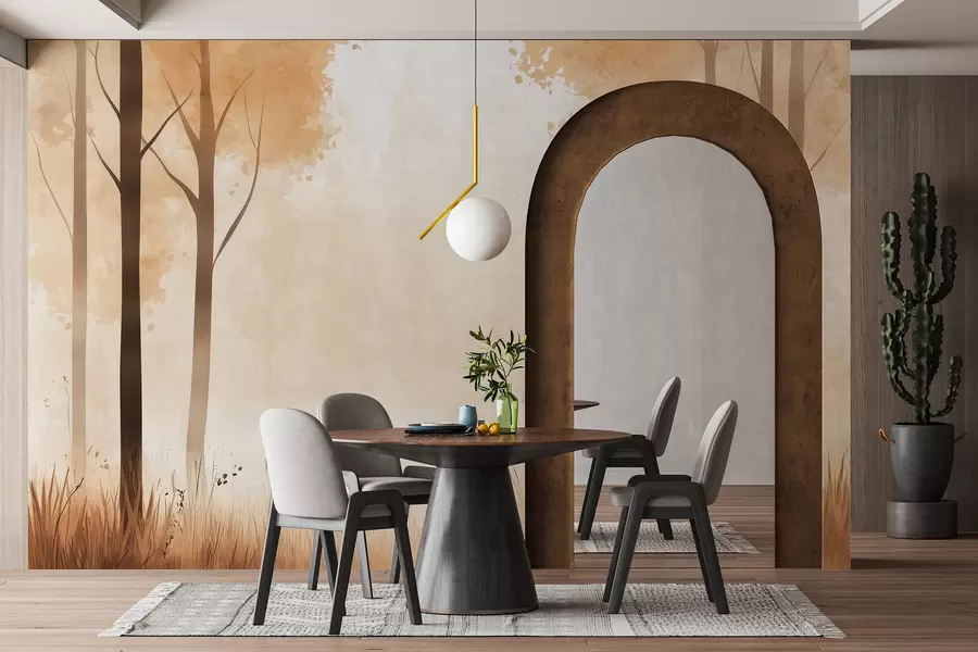 Fototapetai Akvarelė miškas, rūkas, medžiai, žolė, natūralus kraštovaizdis, smėlio spalvos w01563