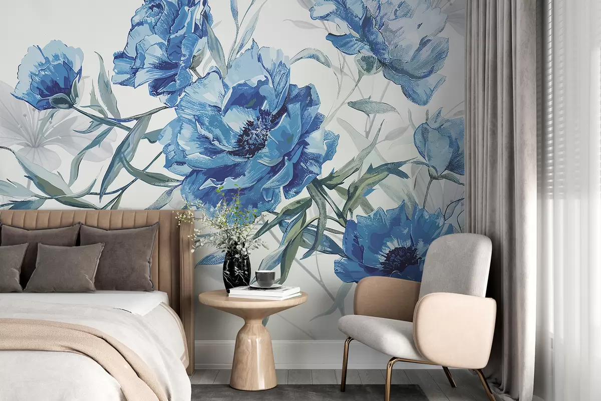 Fototapetai Mėlynų bijūnų paveikslas su vešlia lapija šviesiame abstrakčiame fone  w08274v1