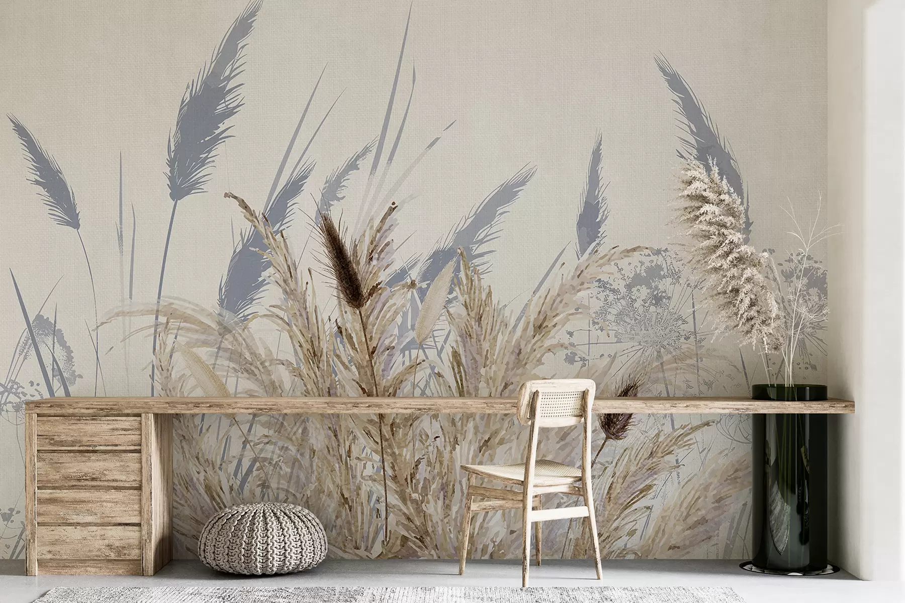 Fototapetai Aukšti kviečių ir žolės stiebai su puriomis baltomis plunksnomis šviesiame fone w08282