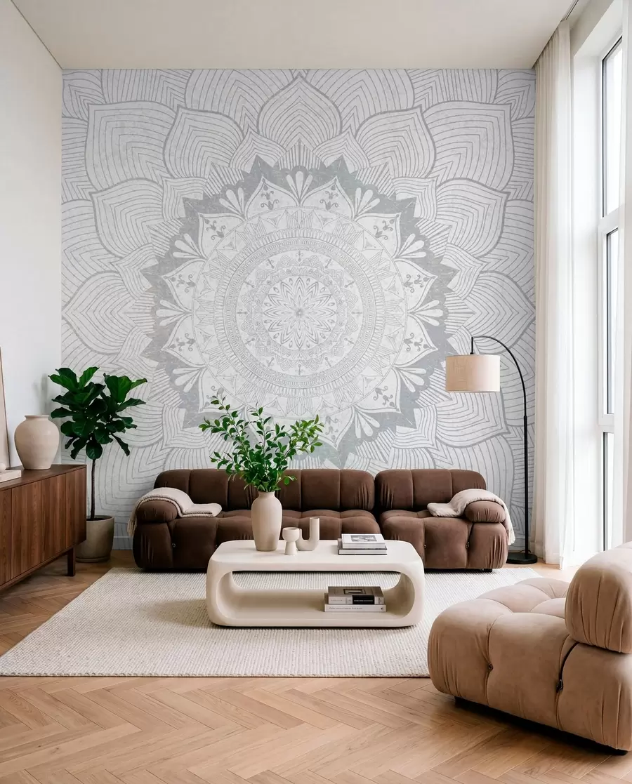 Fototapetai Apvali mandala, tapetai jogos erdvei arba asmeninei erdvei harmonizuoti. Pilkų atspalvių sieninė mandala ant tekstūrinio nevienalyčio fono w01088v2