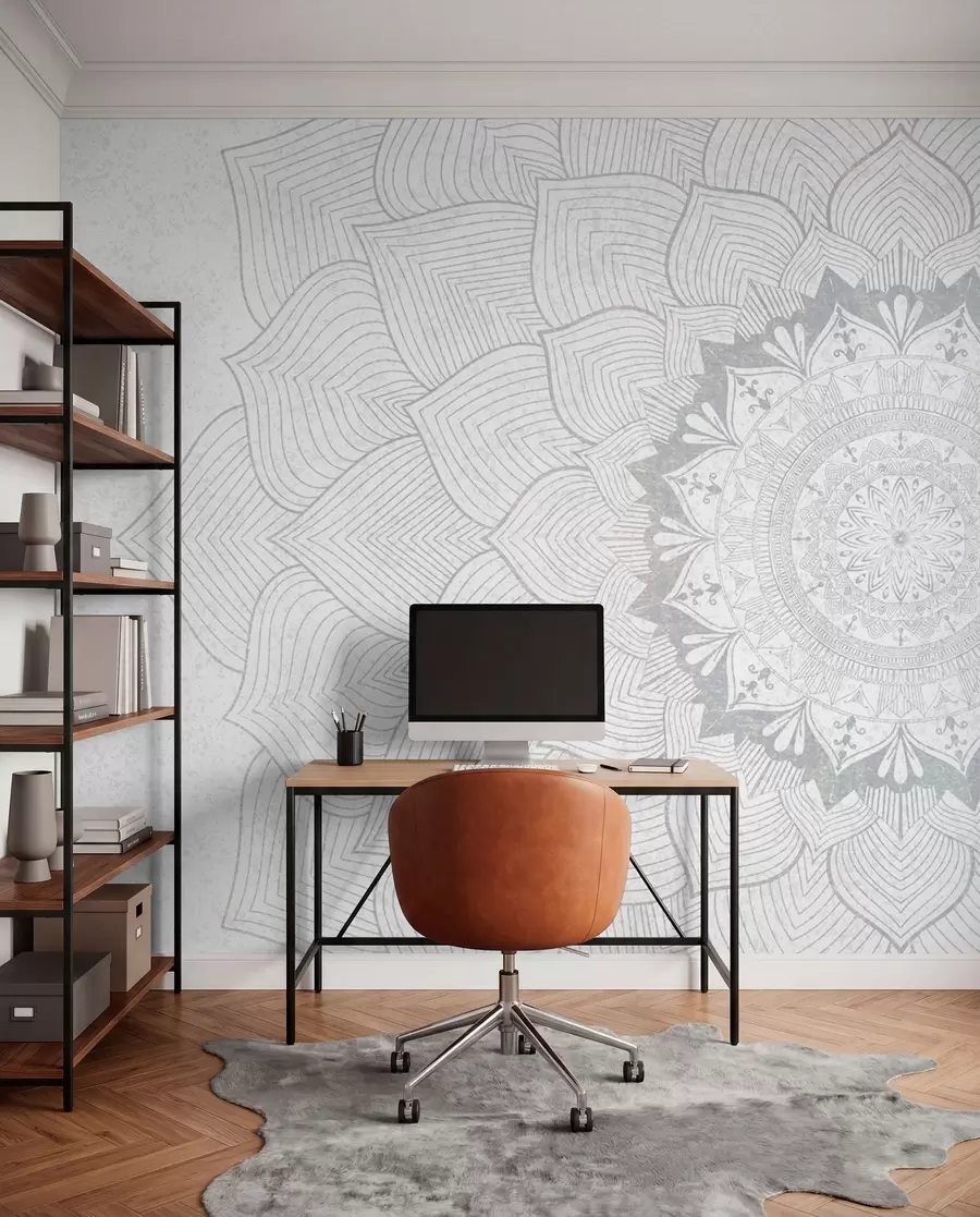 Fototapetai Apvali mandala, tapetai jogos erdvei arba asmeninei erdvei harmonizuoti. Pilkų atspalvių sieninė mandala ant tekstūrinio nevienalyčio fono w01088v2