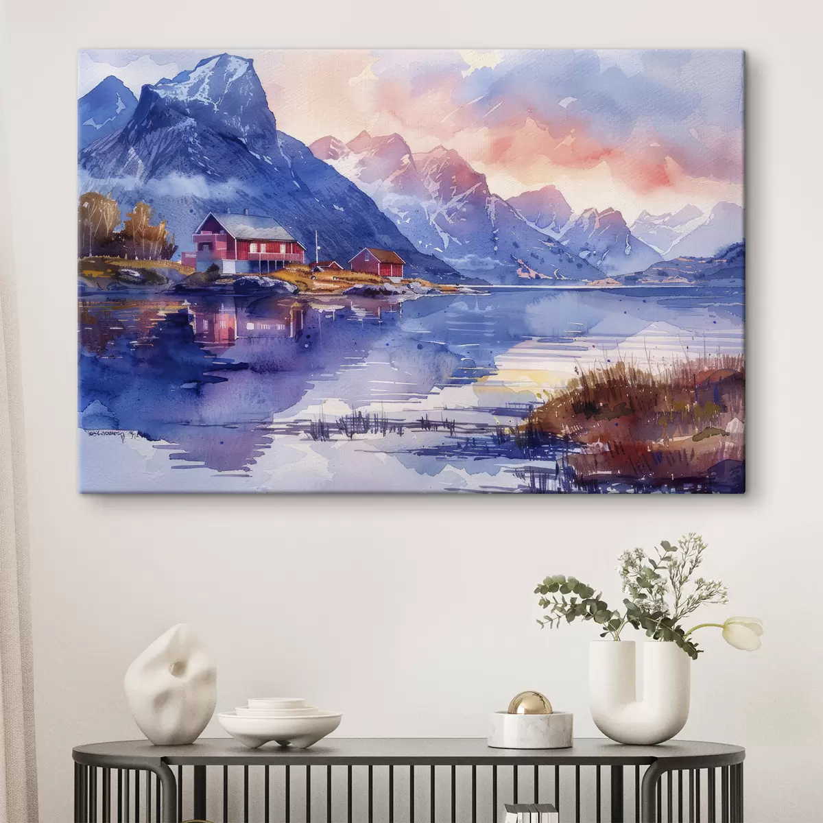 Paveikslėlis Norvegijos kaimas, saulėlydžio dangus, rami upė, kalnai, akvarelė s40311