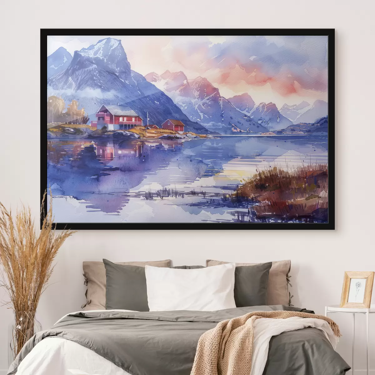 Plakatas Norvegijos kaimas, saulėlydžio dangus, rami upė, kalnai, akvarelė f40311