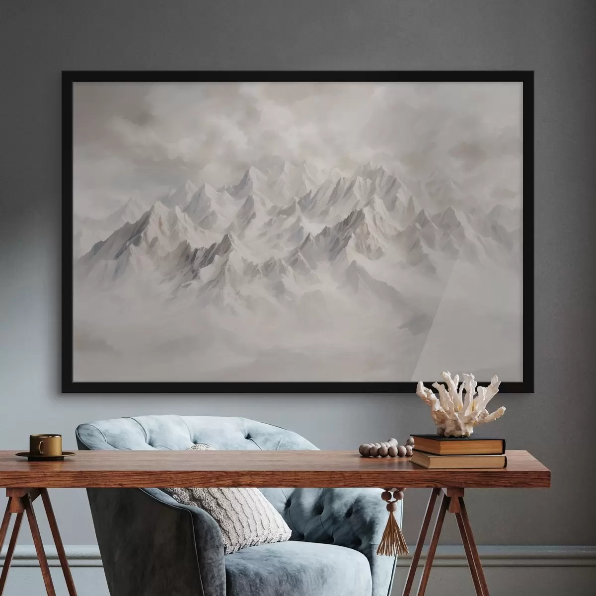 Plakatas Balti snieguoti kalnai rūke f40629