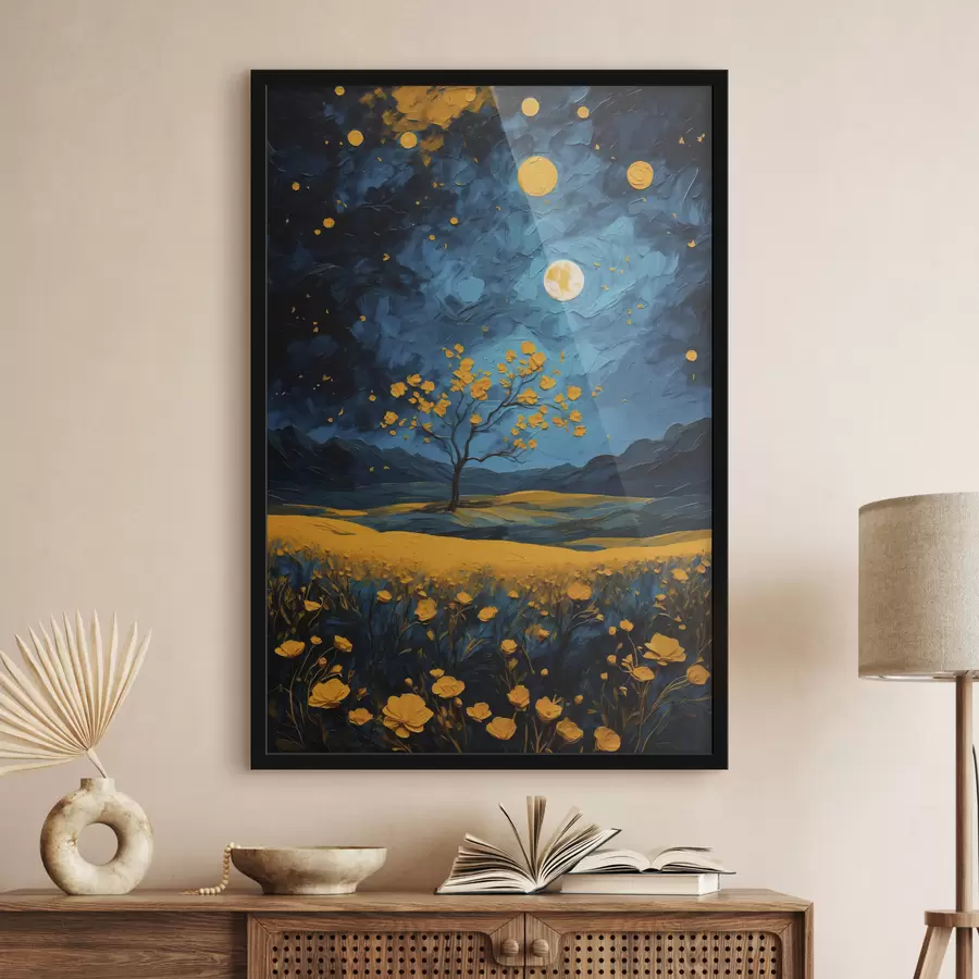 Fototapetai Geltonų gėlių laukas naktį f40643