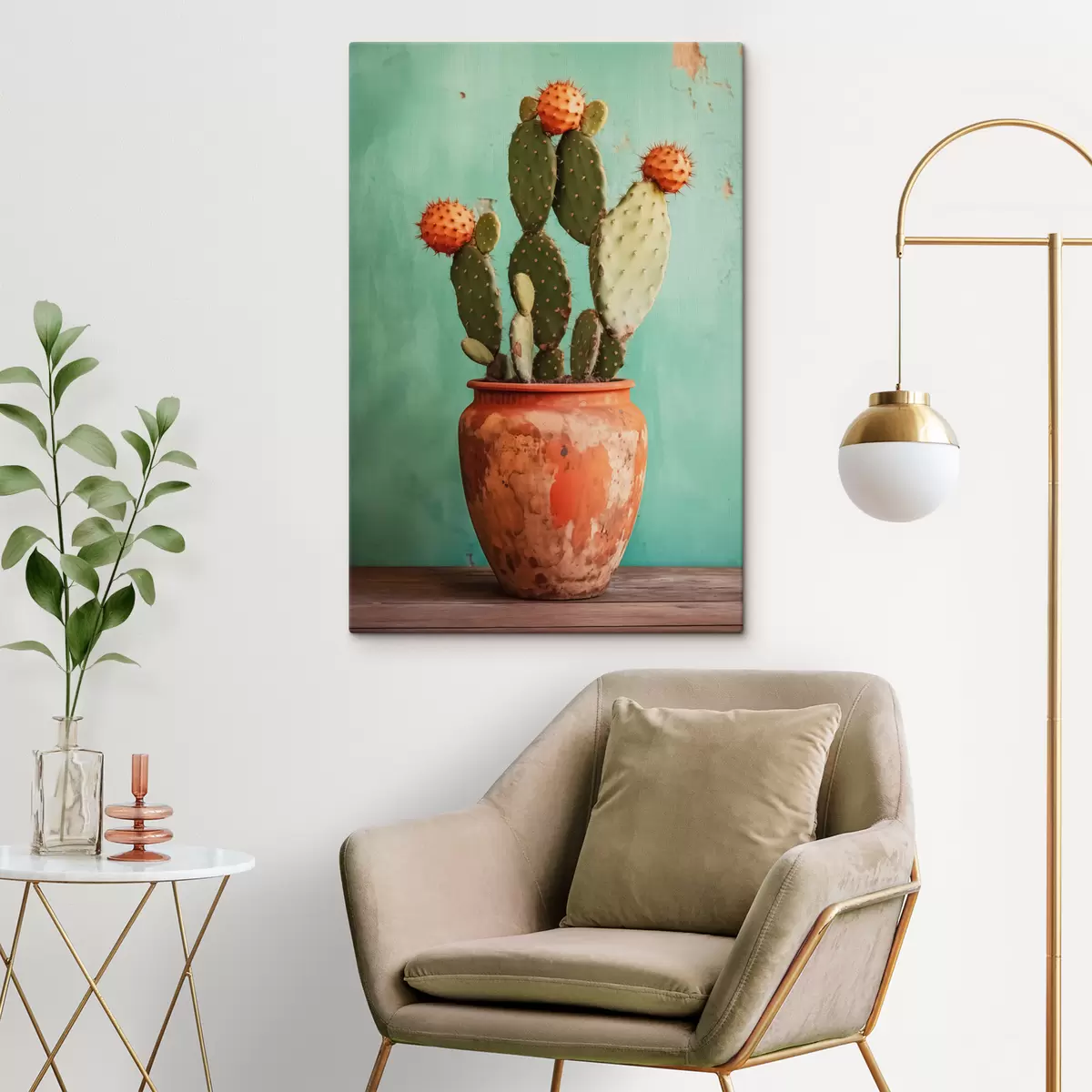 Paveikslėlis Kaktusas sename moliniame vazone ant mėlynai žalios sienos s40807