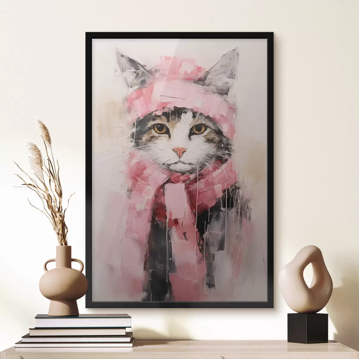 Plakatas Pilka juoda katė su rožine kepure ir šaliku f40801