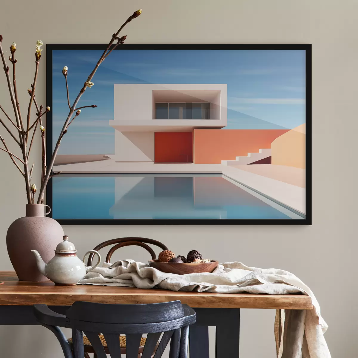Plakatas Minimalistinės architektūros kraštovaizdis, namas ir baseinas f40811