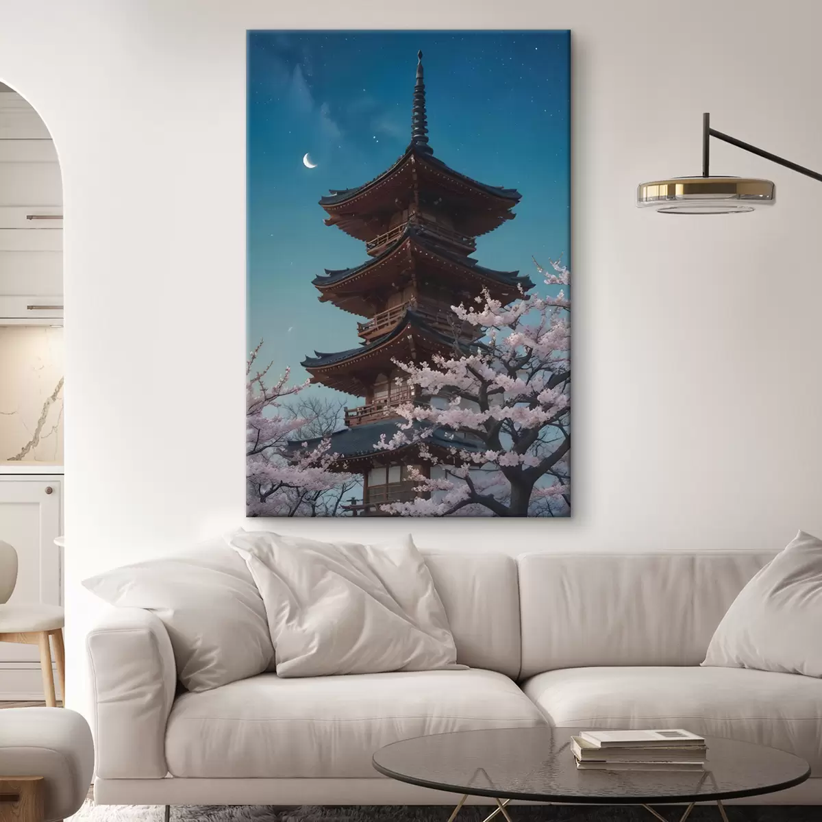 Paveikslėlis Tradicinė japonų pagoda su pusmėnuliu danguje ir žydinčiomis vyšniomis s40586