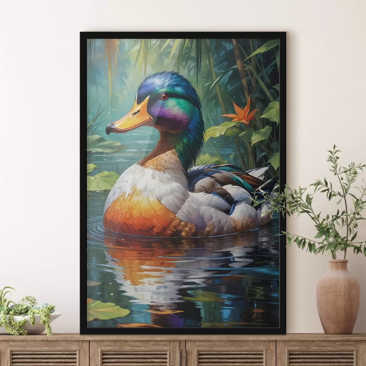 Plakatas Spalvingas mandarininės anties patinas, plaukiojantis tvenkinyje su vešlia žalia lapija ir nukritusiais rudens lapais f40594