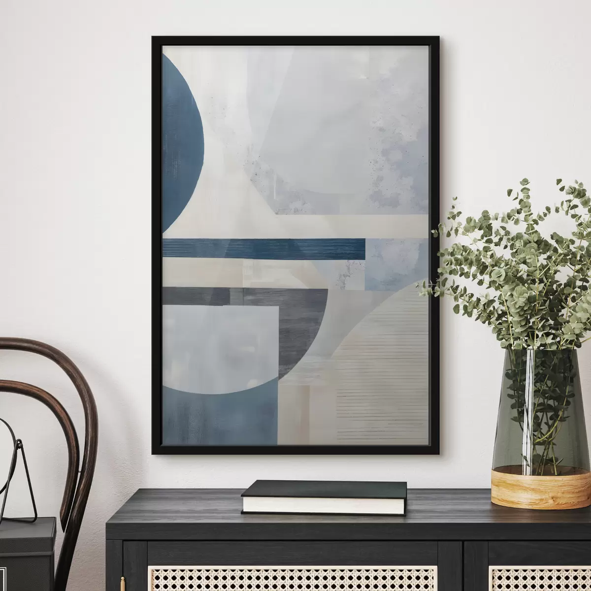 Plakatas Minimalistinė abstrakcija su geometrinėmis formomis ir tekstūromis mėlynos, pilkos ir baltos spalvos atspalviais f40596