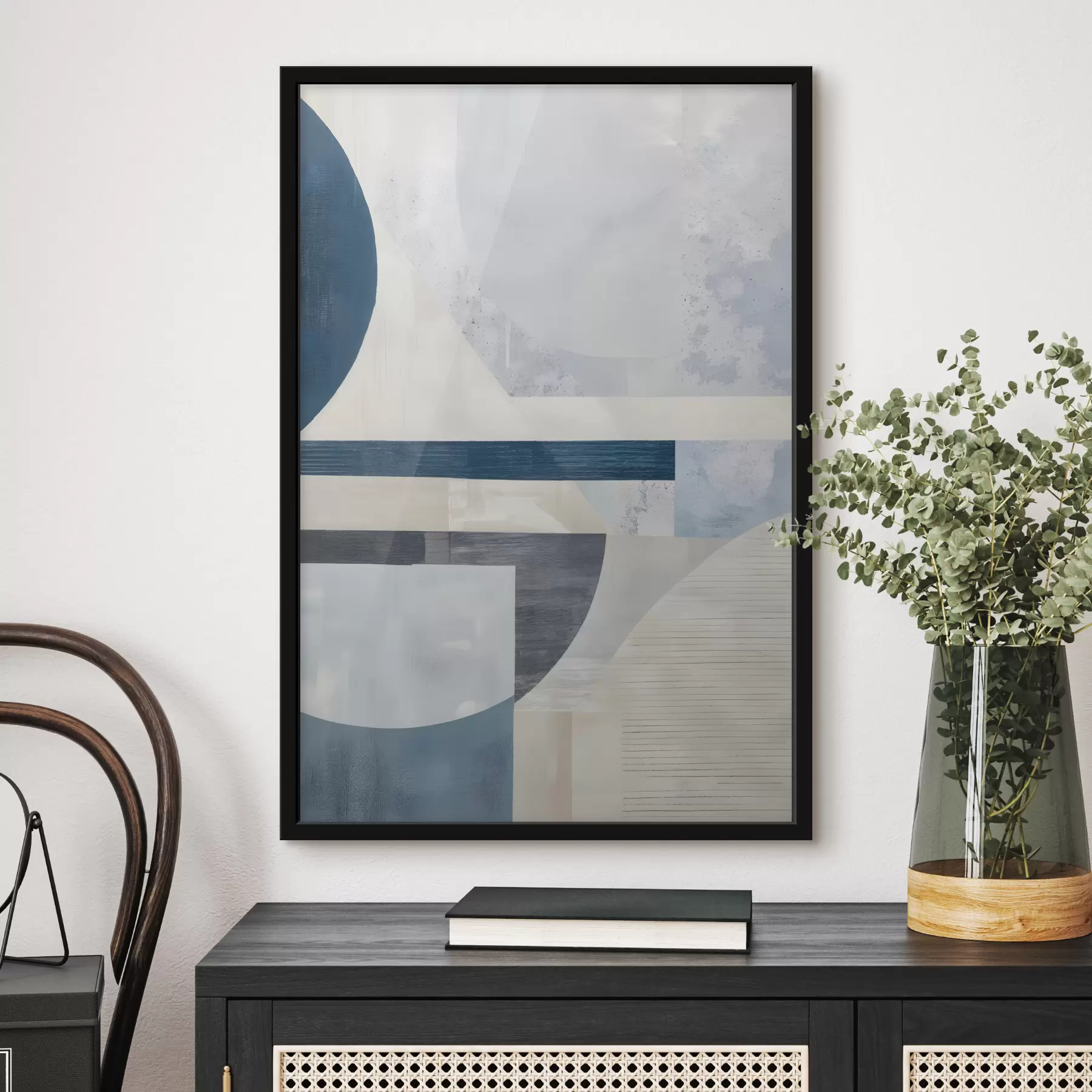 Fototapetai Minimalistinė abstrakcija su geometrinėmis formomis ir tekstūromis mėlynos, pilkos ir baltos spalvos atspalviais f40596