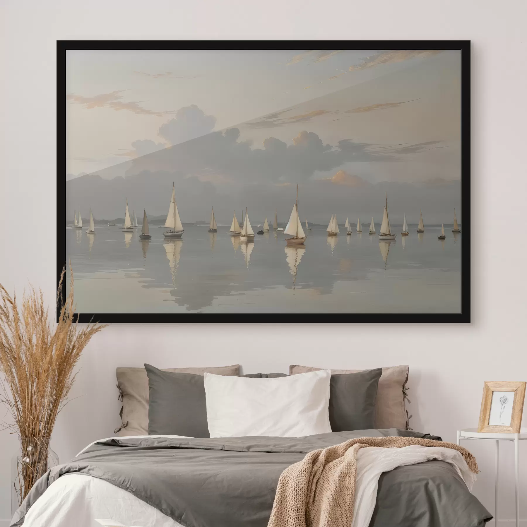 Fototapetai Baltų burlaivių flotilė ramioje, atspindinčioje saulėlydį vandens telkinyje, o fone - debesuotas dangus f40615