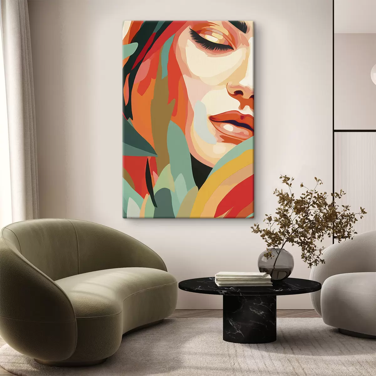 Paveikslėlis Gražus moters veidas, geometrinė abstrakcija, gėlių, akrilo piešinys s40815