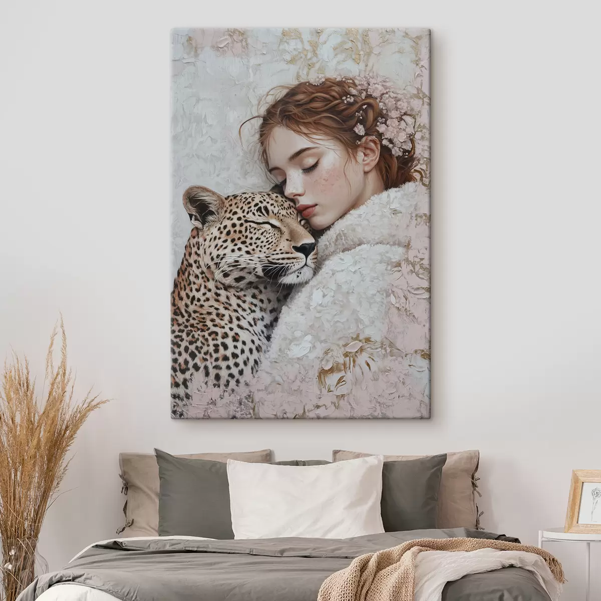 Paveikslėlis Graži raudonplaukė mergaitė su leopardu, akrilo piešinys, gėlės s40820