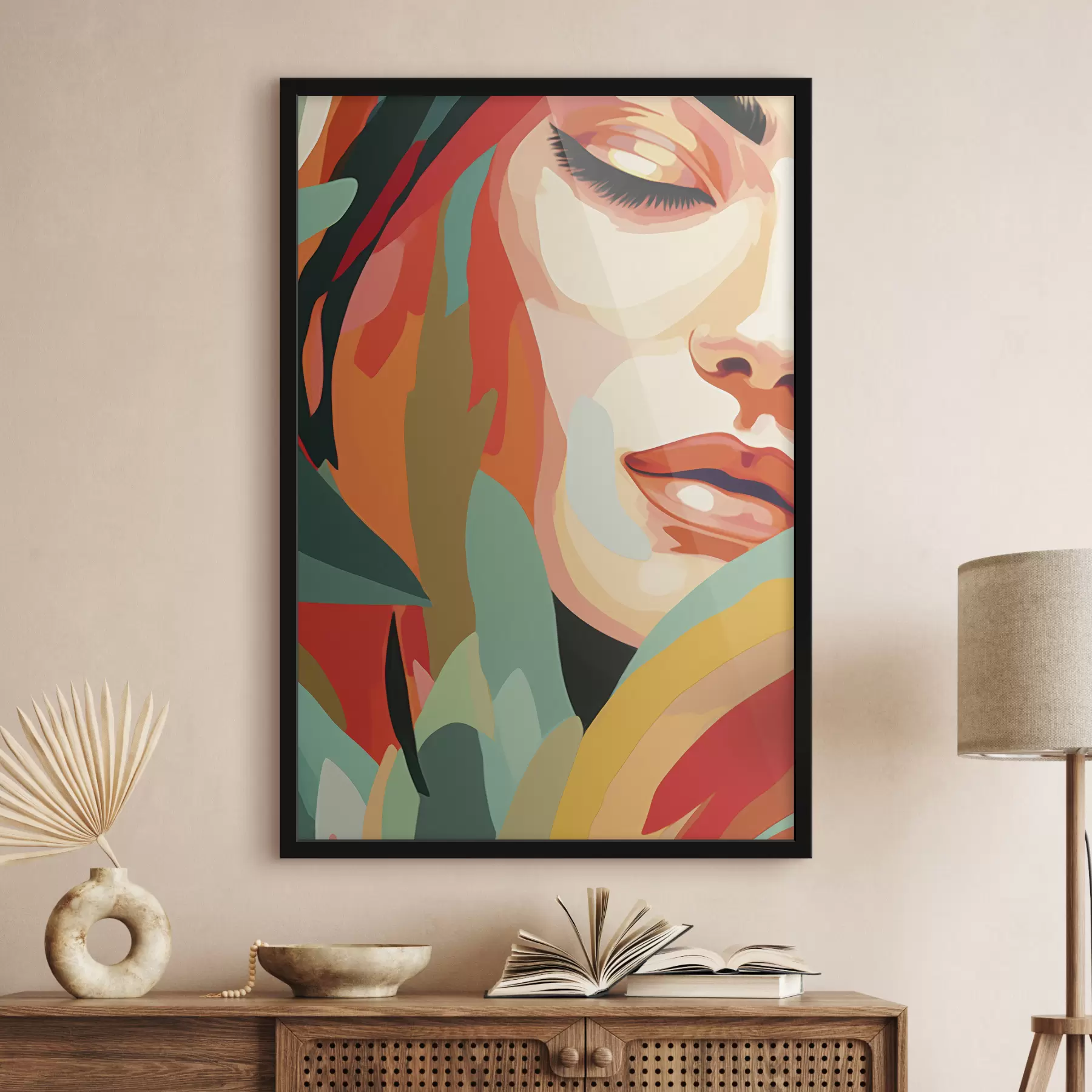 Fototapetai Gražus moters veidas, geometrinė abstrakcija, gėlių, akrilo piešinys f40815