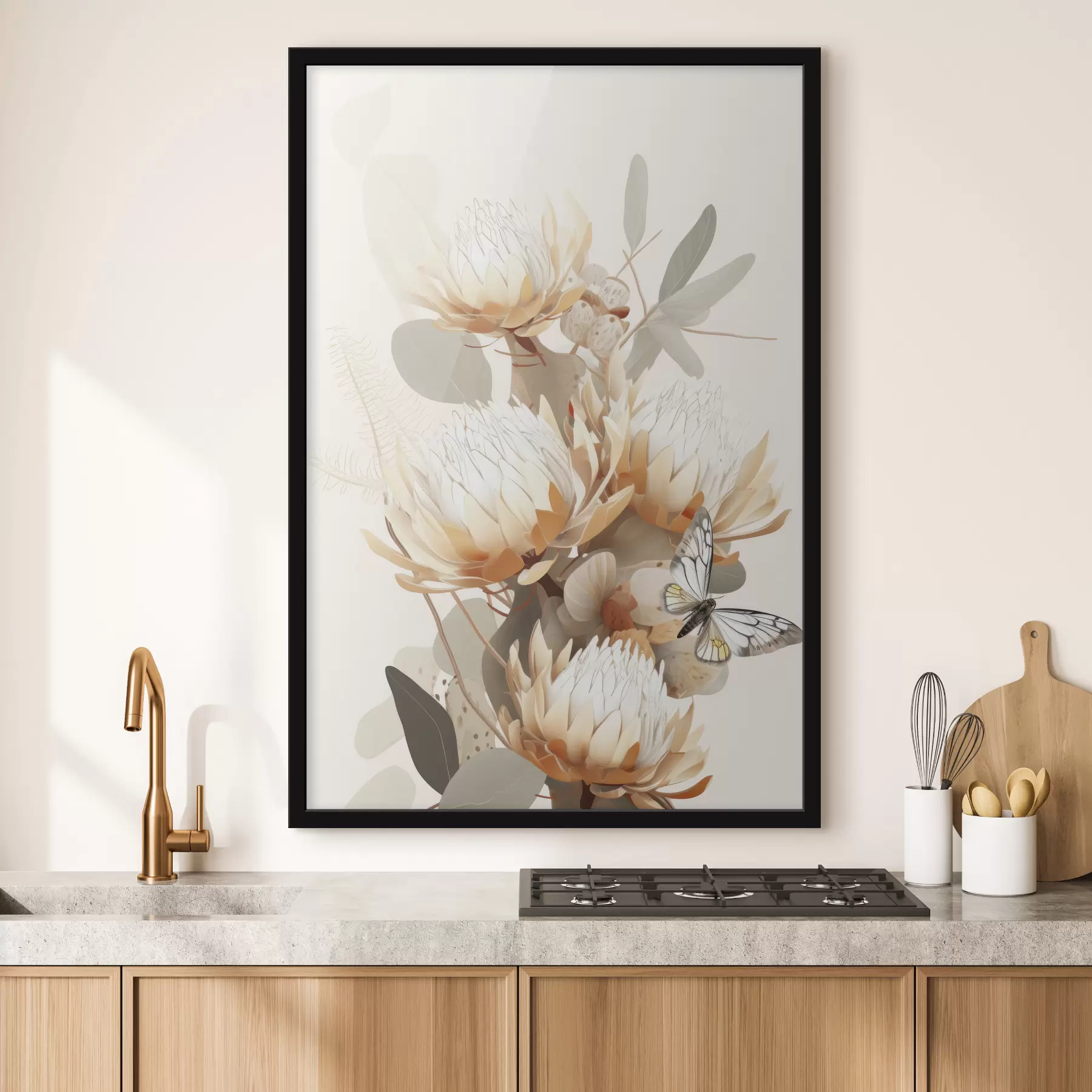 Fototapetai Gražios protea gėlės su drugeliu, švelnios smėlio spalvos, medvilnė f40816