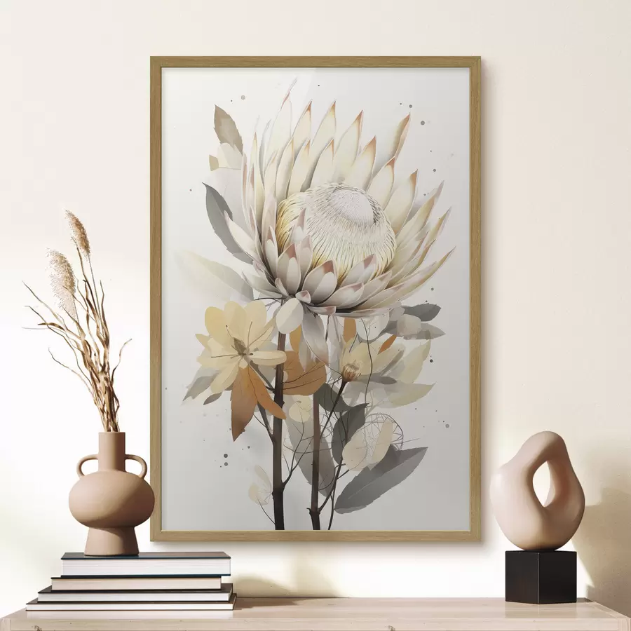 Fototapetai Gražios protea gėlės su vešliais lapais, švelnios smėlio spalvos, medvilnė f40817