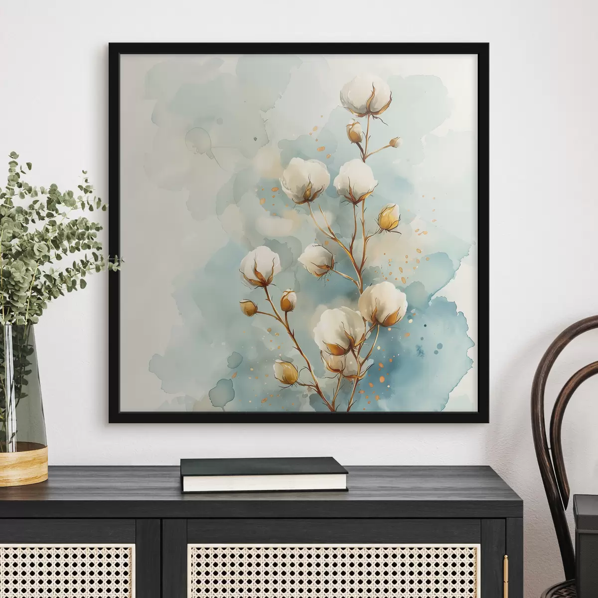 Plakatas Medvilnės šaka akvareliniame fone f40780