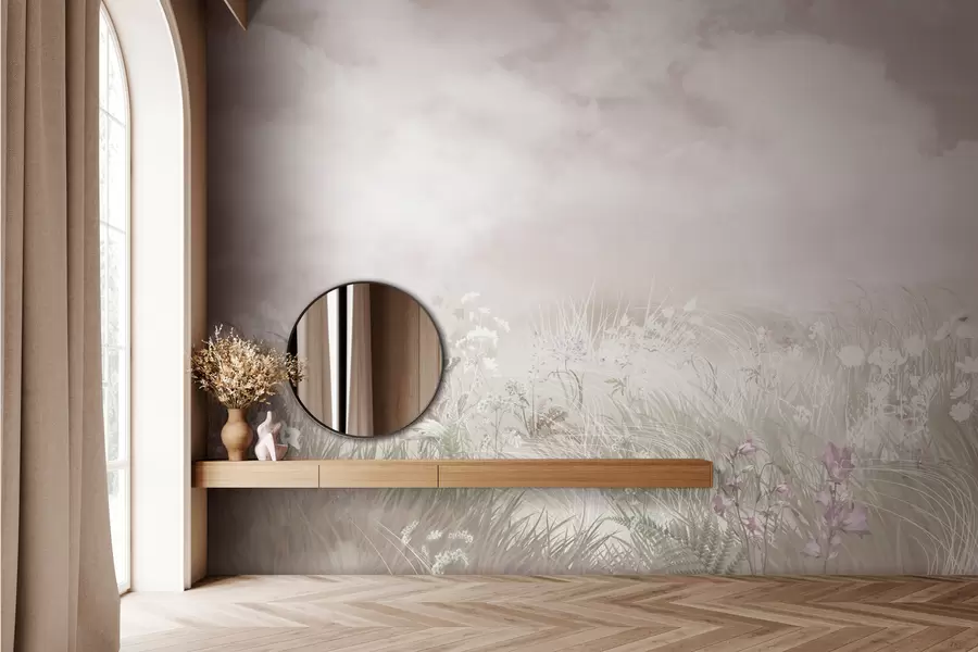 Fototapetai Laukinės gėlės ir žolės su šviesiai rausvu dangumi ir debesimis w01624v4