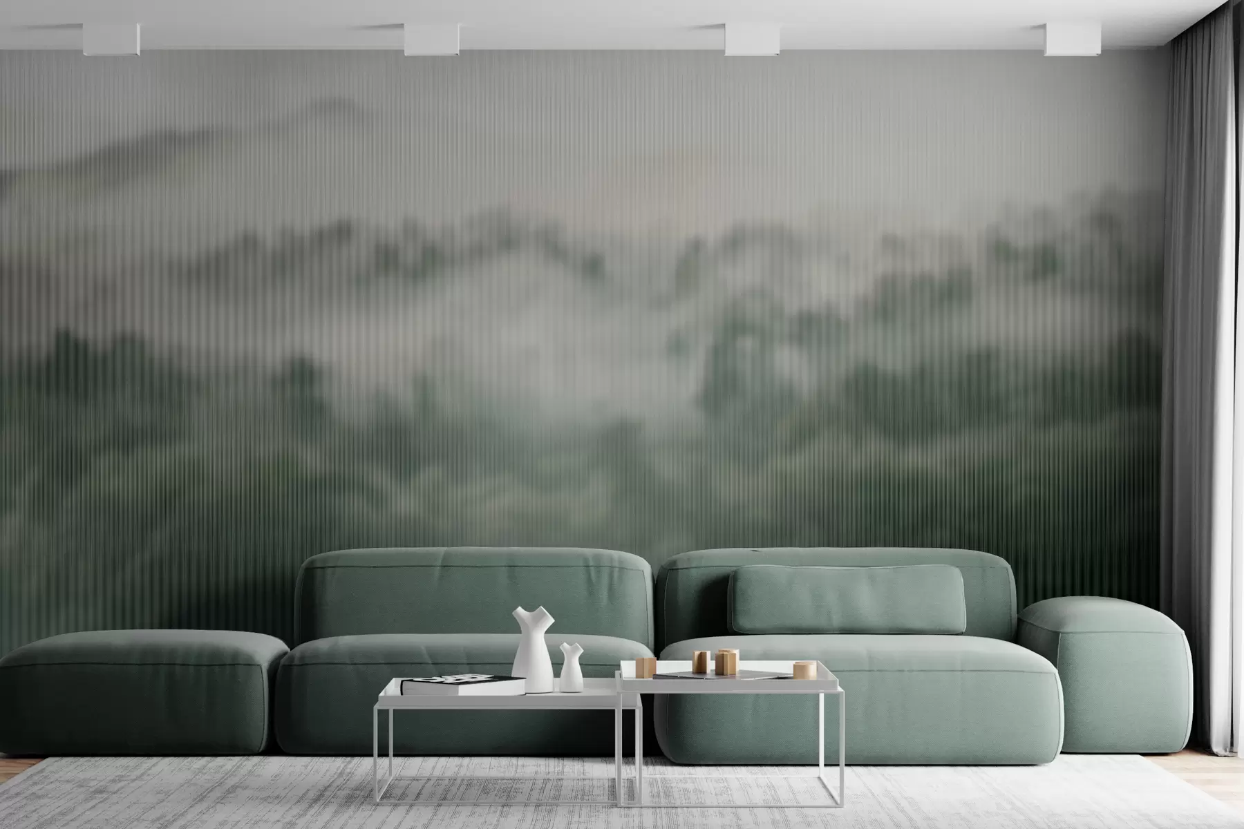 Fototapetai žalias miglotas miškas už stiklo w01678