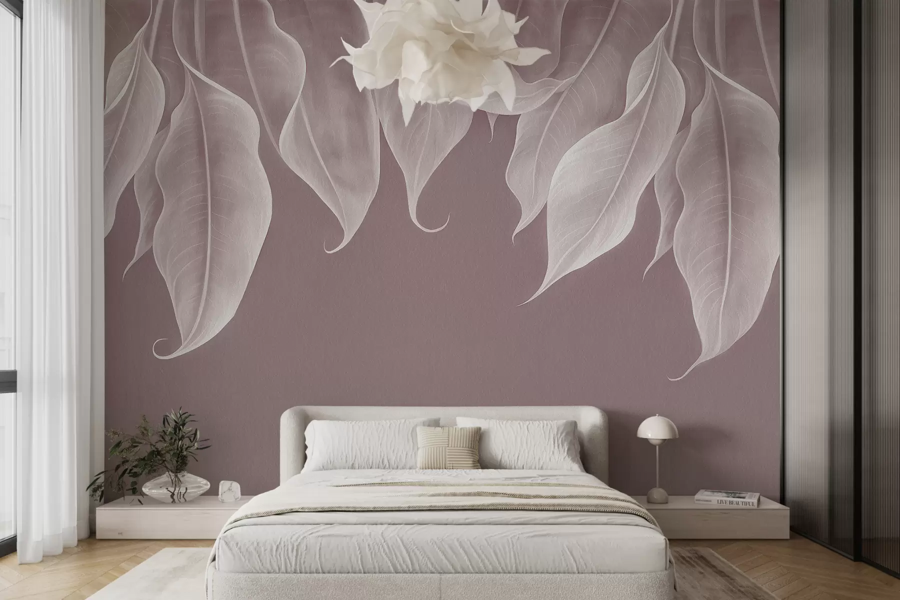 Fototapetai kabantys dideli rausvos spalvos lapai w01680v2