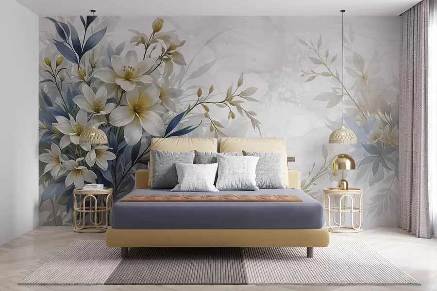 Fototapetai Balta, smėlio ir mėlyna gėlių puokštė su švelniais lapais minkštame, neryškiame fone w08314