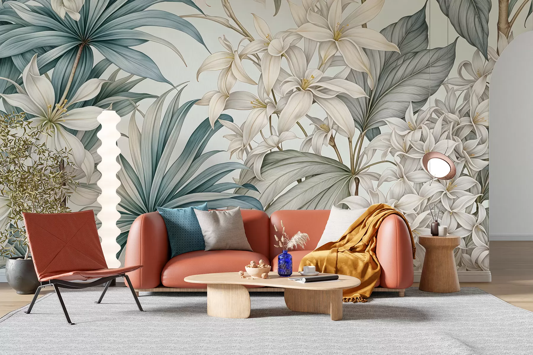 Fototapetai Atogrąžų gėlių raštas su didelėmis baltomis ir šviesiai mėlynomis gėlėmis, žaliais lapais ir neutraliu fonu w08318