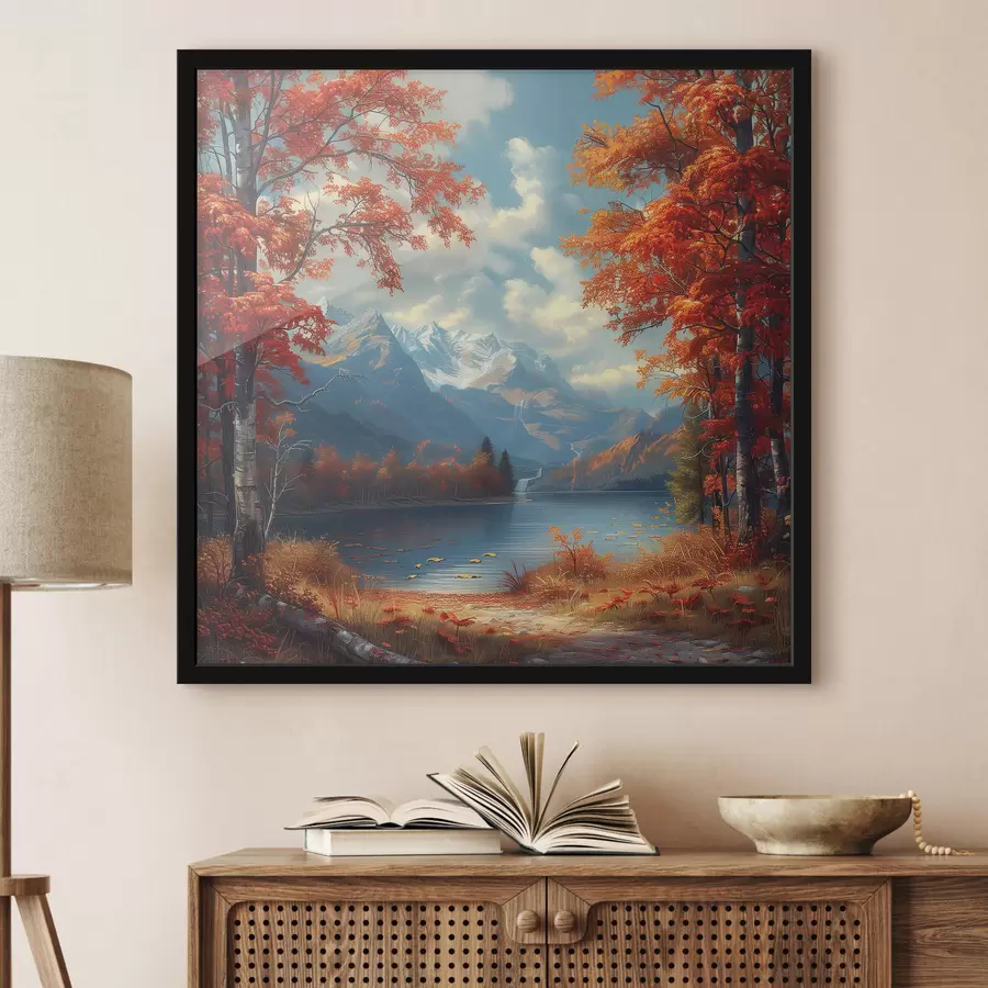 Fototapetai Rudens peizažas kalnų fone prie tvenkinio f40903