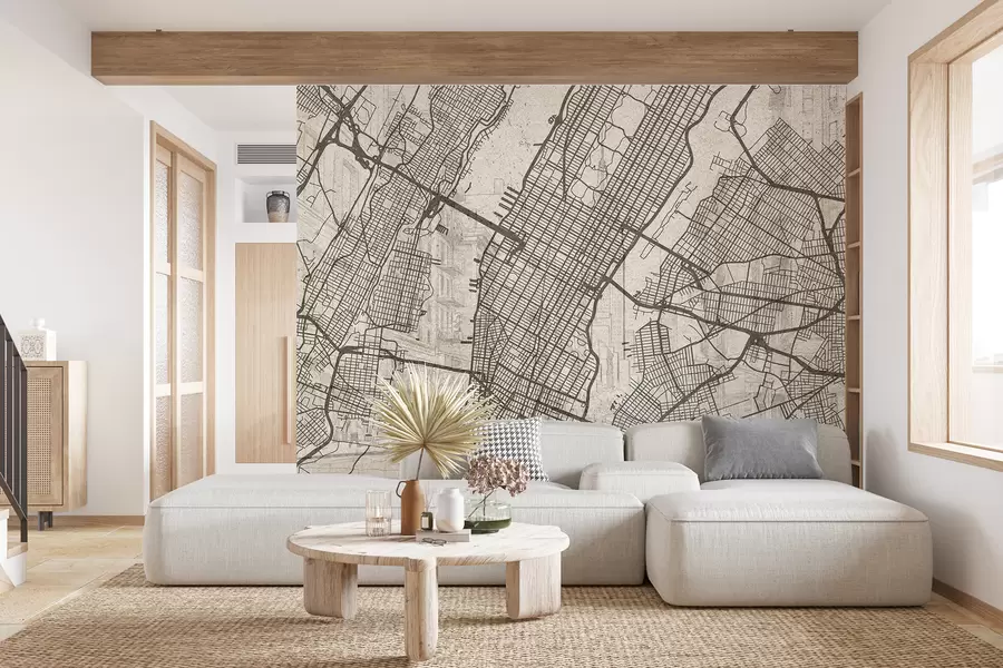Fototapetai Niujorko miesto žemėlapis, linijinis piešinys, architektūra, smėlio spalvos w01699