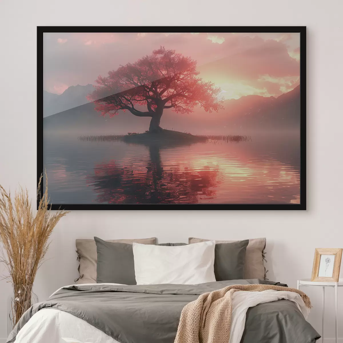 Plakatas Medis prie tvenkinio saulėlydžio metu f40934