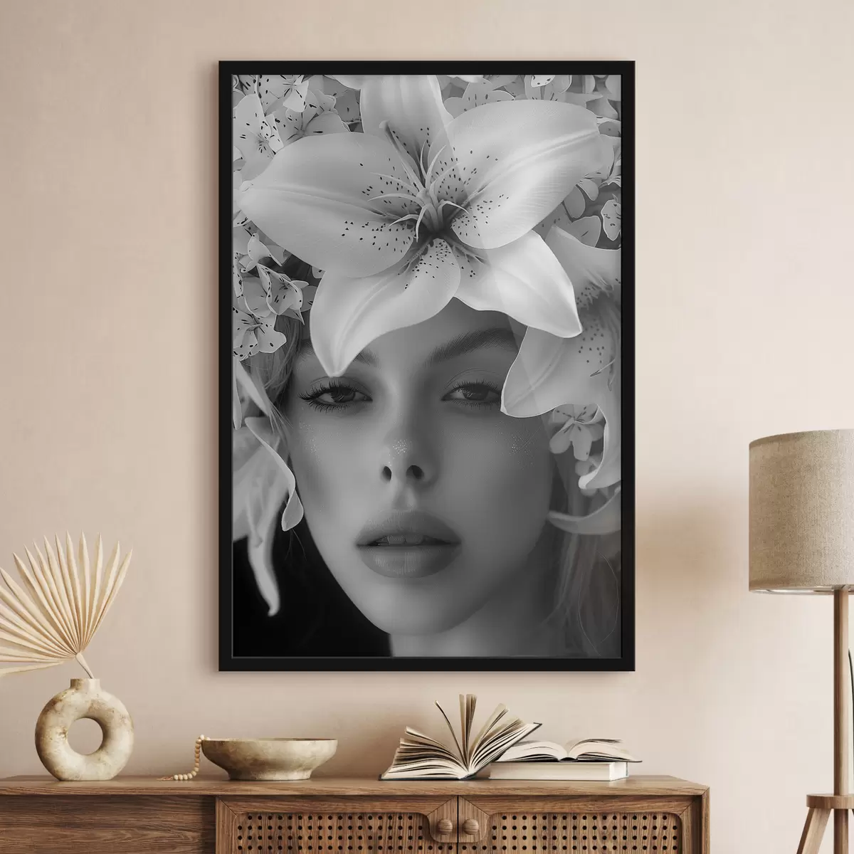 Plakatas Baltos didelės lelijos ir mergaitės veidas f40937