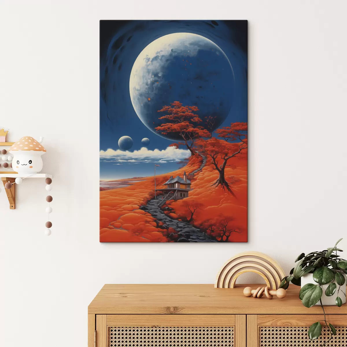 Paveikslėlis Kosminė iliustracija, planetos, mėlynas dangus, namas ant kalvos, medžiai s40946