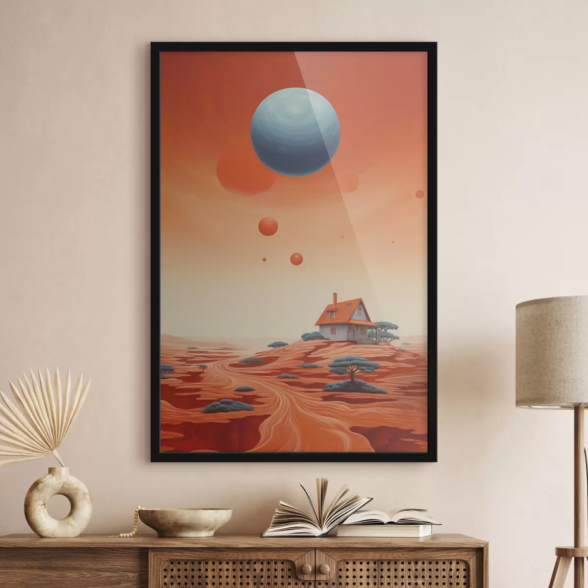 Plakatas Dykuma su namas, futuristinis menas, kosminis, planeta f40944