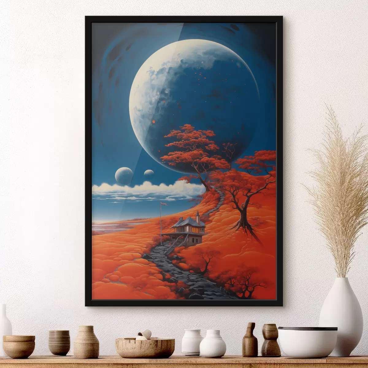 Plakatas Kosminė iliustracija, planetos, mėlynas dangus, namas ant kalvos, medžiai f40946