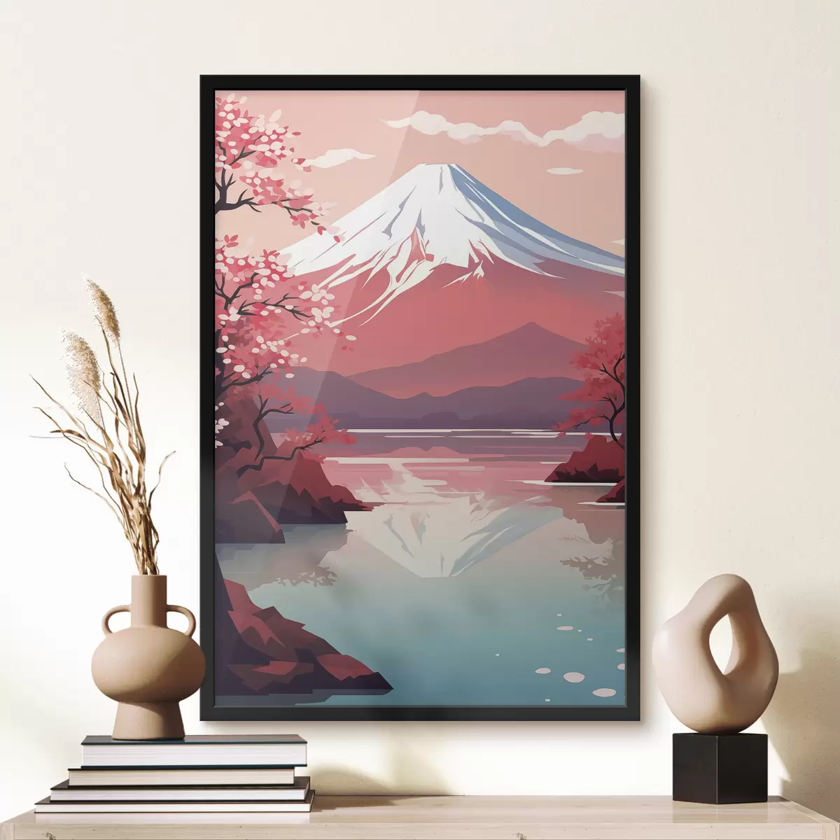 Plakatas Fudži kalnas, ežeras, vyšnios, Japonija f40955