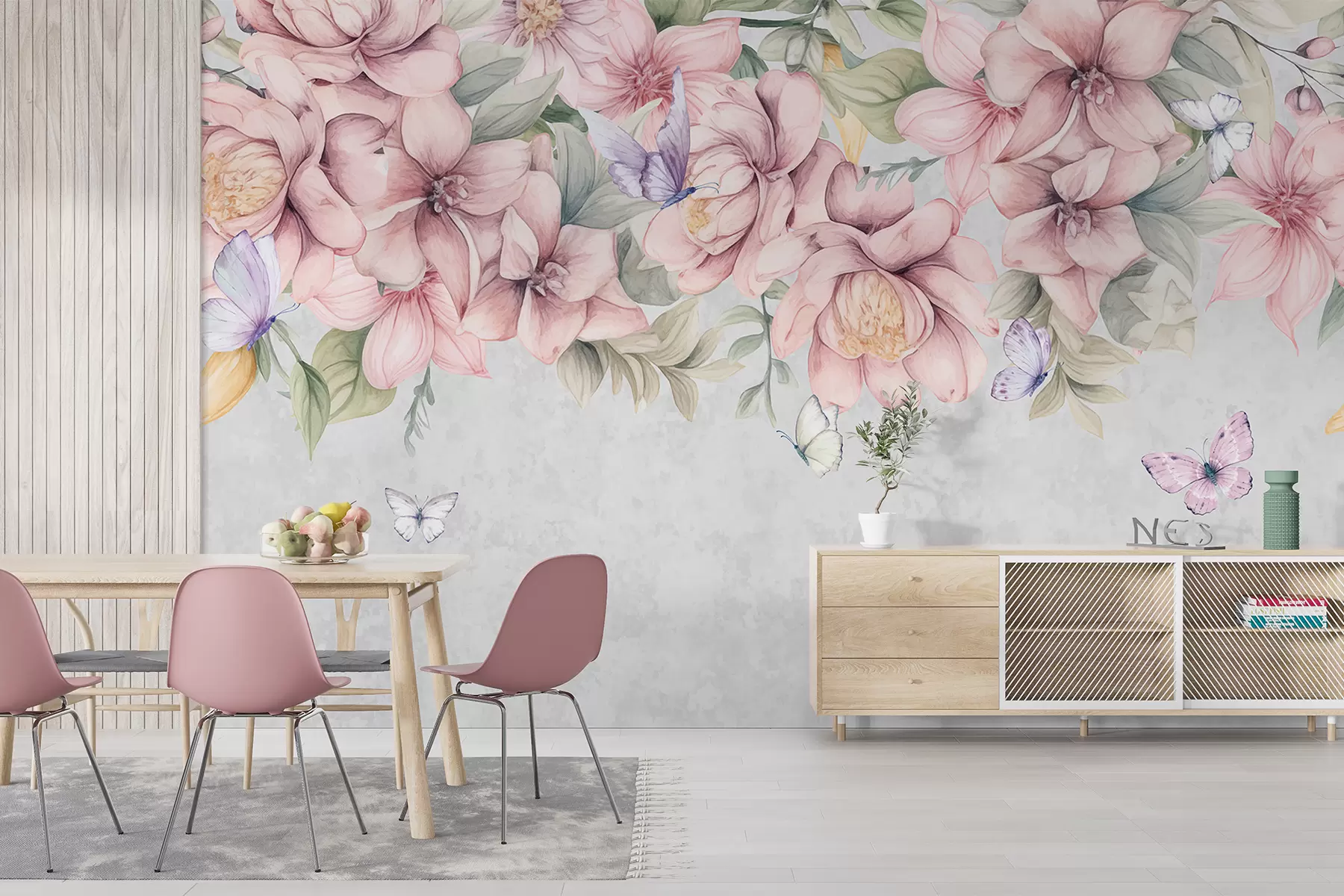 Fototapetai Švelnios rožinės ir baltos spalvos gėlės su subtiliomis gėlėmis ir lapais tekstūruotame pilkame fone w08331