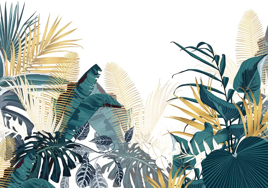 Fototapetai Atogrąžų sodri žalia lapija, įskaitant palmių lapus, paparčius ir kitus egzotiškus tamsiai žalios ir oranžinės spalvos augalus w08338