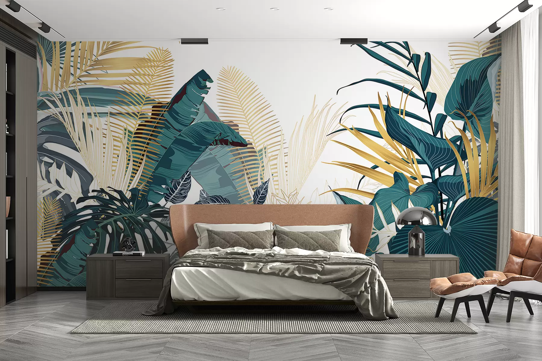 Fototapetai Atogrąžų sodri žalia lapija, įskaitant palmių lapus, paparčius ir kitus egzotiškus tamsiai žalios ir oranžinės spalvos augalus w08338