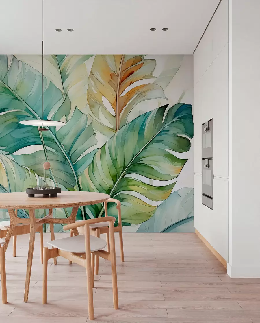 Fototapetai Atogrąžų bananų palmių lapai šlapia akvarelė w01775