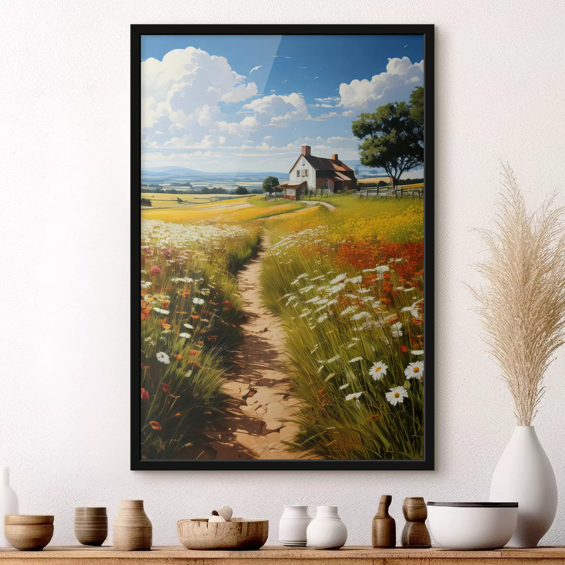 Fototapetai takas žydinčiame lauke ir namas f41109