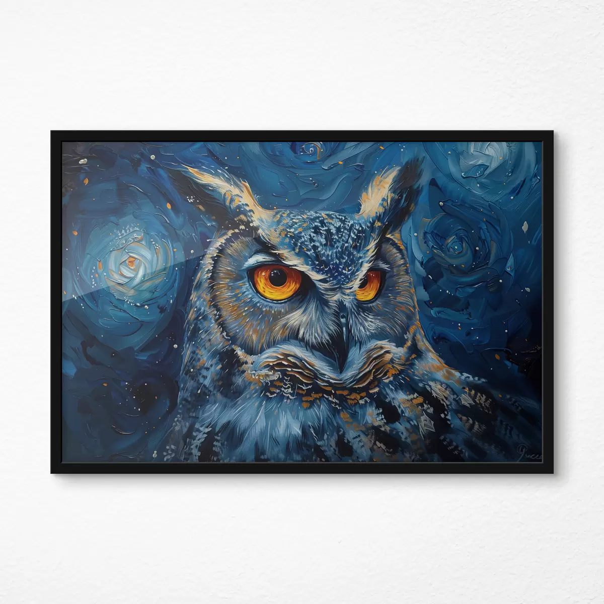 Plakatas Pelėdos žvilgsnis naktį su Van Gogo stiliaus dangumi f40982