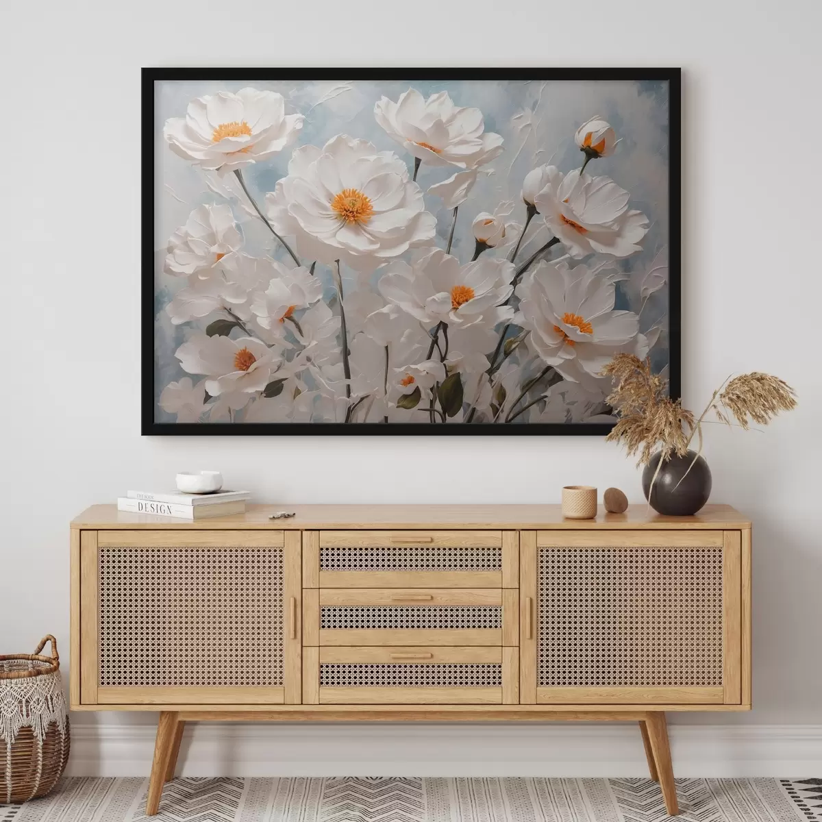 Plakatas Baltos gėlės mėlyname-baltame aliejiniame fone f41041