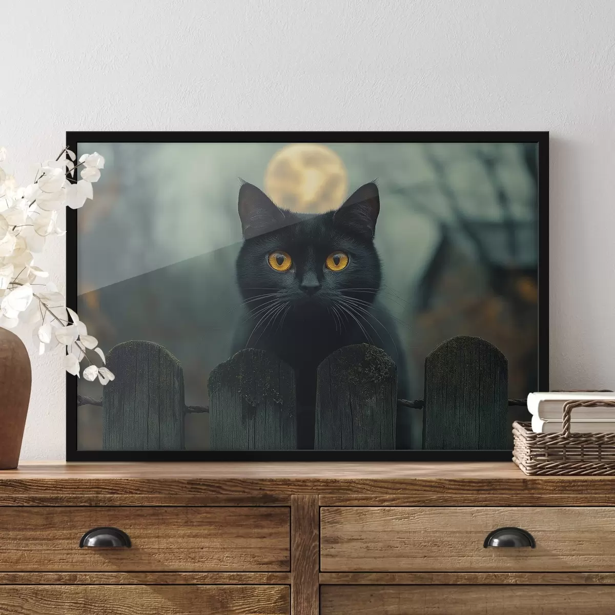 Plakatas Juoda katė ir mėnulio pilnatis fone f41123