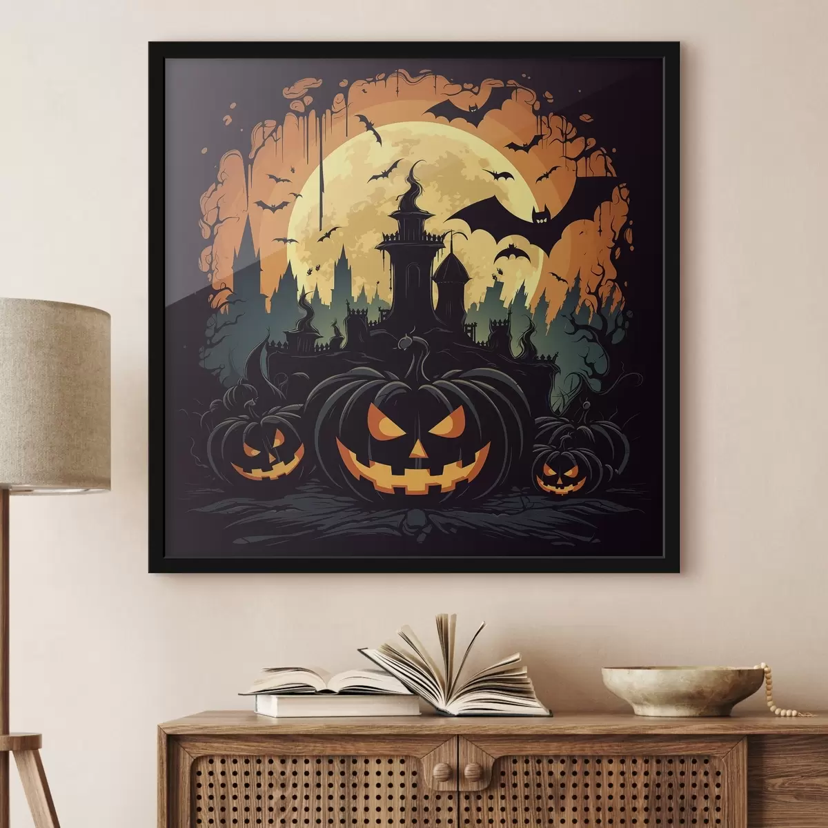 Plakatas Helovinas, pilis mėnulio pilnaties, šikšnosparnių ir moliūgų fone f41138